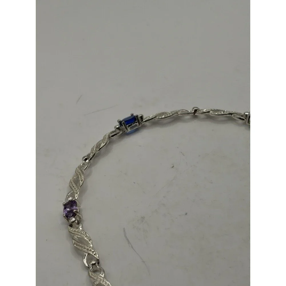 Sterling Silver  Multi-5. Colored Gemstone Link tennis Bracelet 925 7